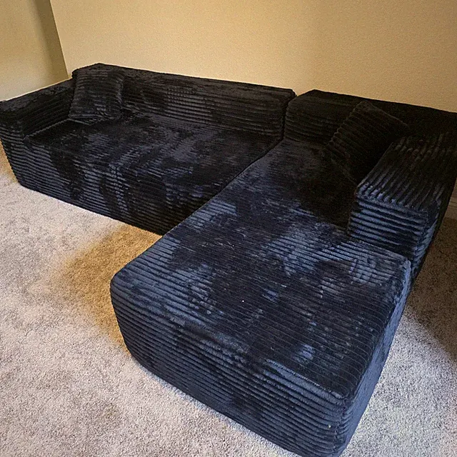 Black Corduroy Sectional Sofa with Chaise Lounge, Contemporary, Track Arm