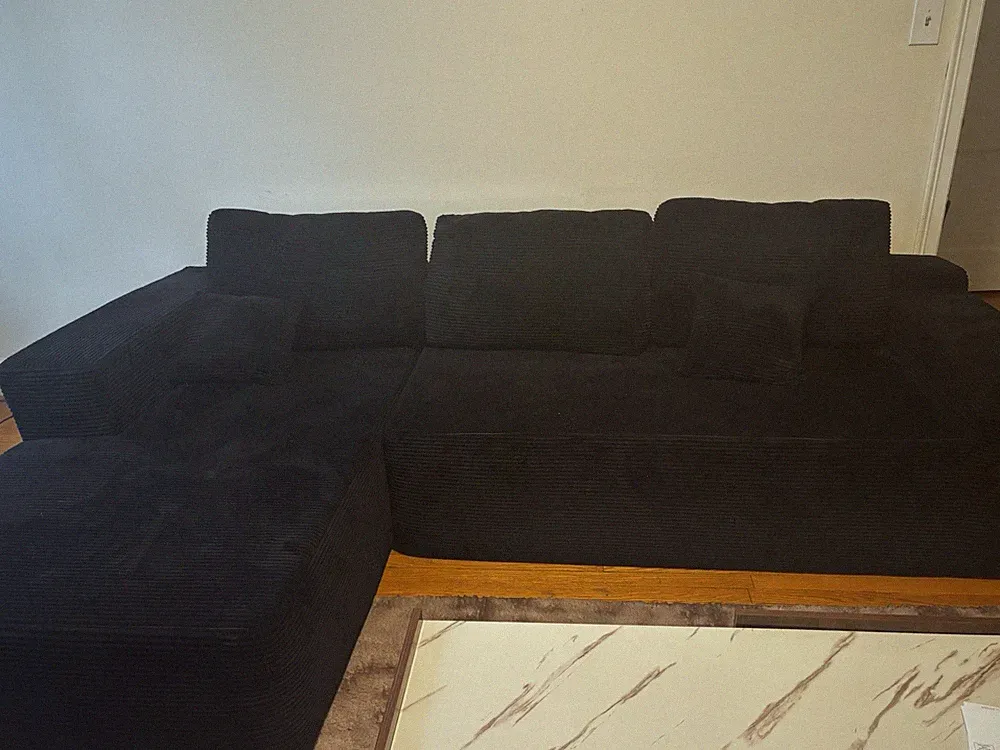 Black Corduroy Sectional Sofa with Chaise, Track Arms, Cushions