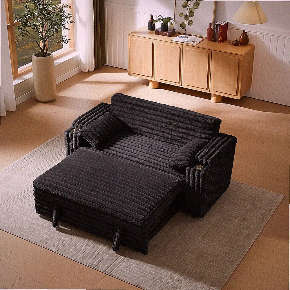 Black Corduroy Sofa Bed with Pull Out Bed