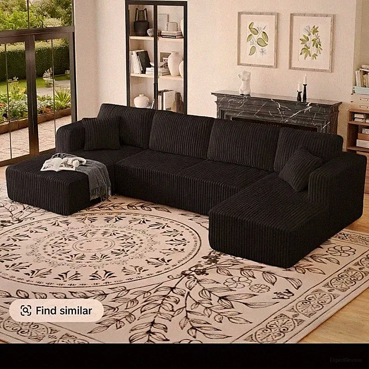 Black Corduroy Striped Sectional Sofa w/ Cushions, Left/Right Chaise, Modern
