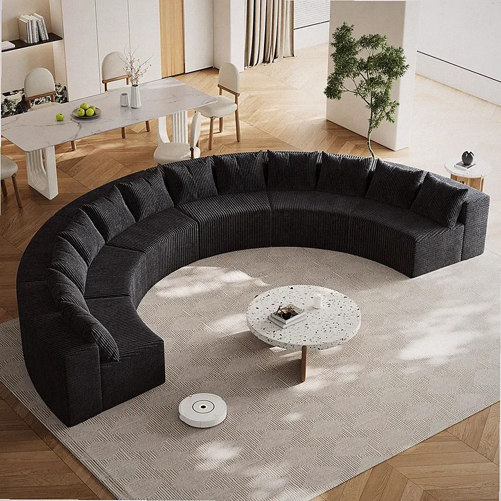 Black Curved Corduroy Sectional Sofa, 6-Seater Deep Tufted Couch for Living Room
