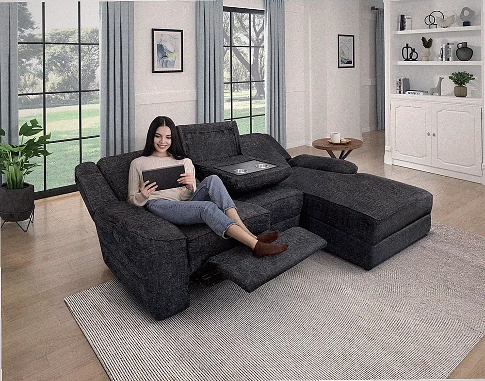 BLACK EBONY RECLINER CHENILLE SOFA CHAISE SECTIONAL CONSOLE LIVINGROOM FURNITURE