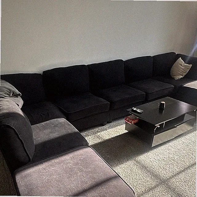 Black Fabric Sectional Sofa w/ Chaise, 120x90in, Modern Retro Square Arms