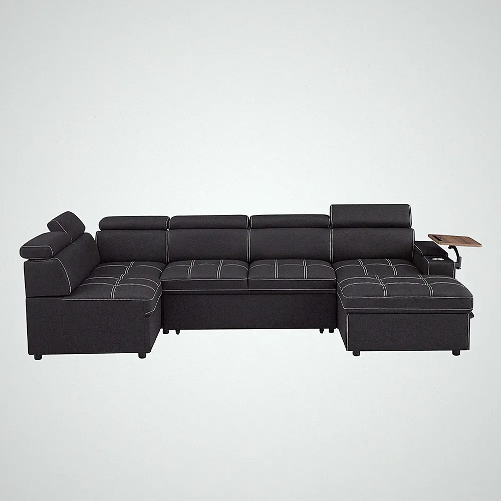 Black Fabric Sectional Sofa with Storage Ottoman