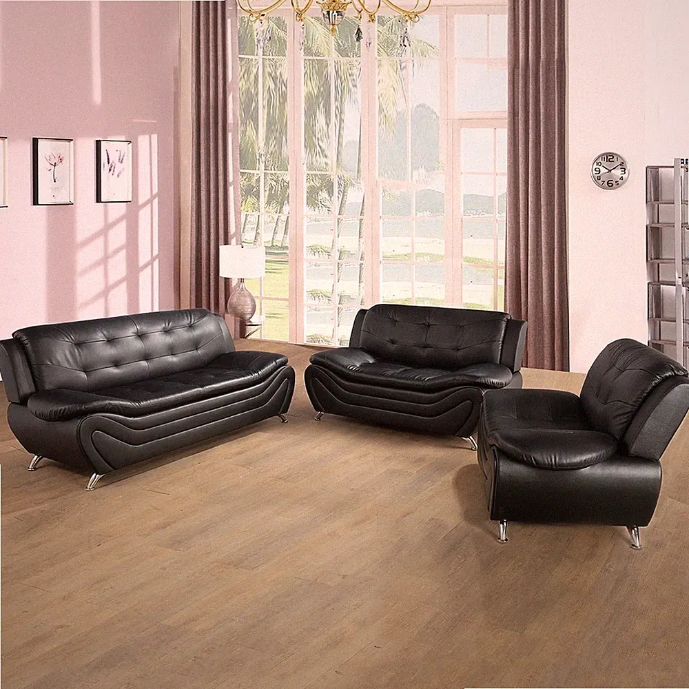 Black Faux leather 1~3-Piece Couch Living Room Sofa Set