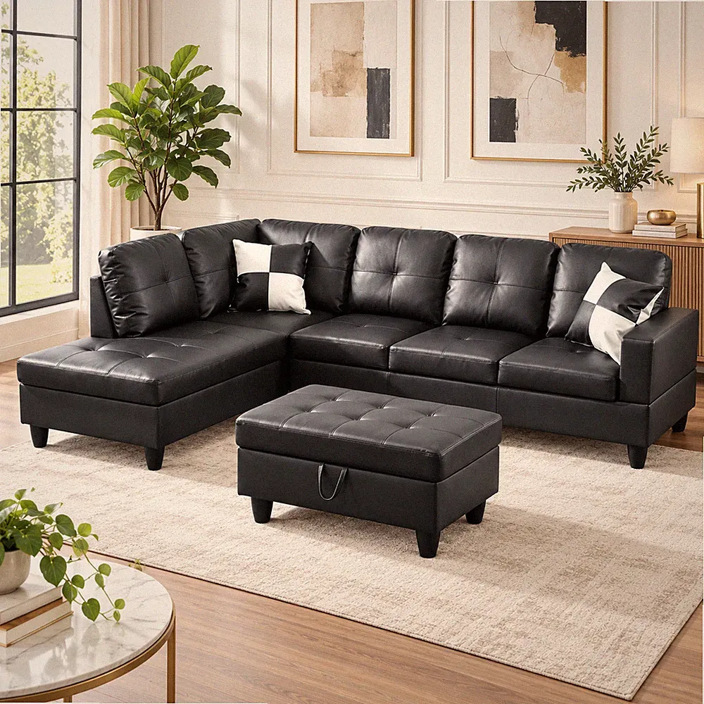 Black Faux Leather 3-Piece Couch Living Room Sofa Set A