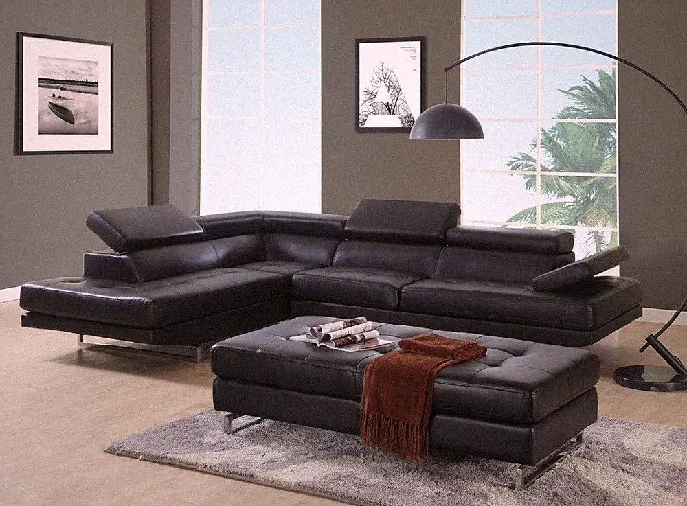 Black Faux Leather L Shaped Two Piece Corner Sectional