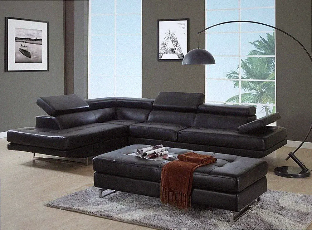 Black Faux Leather L Shaped Two Piece Corner Sectional