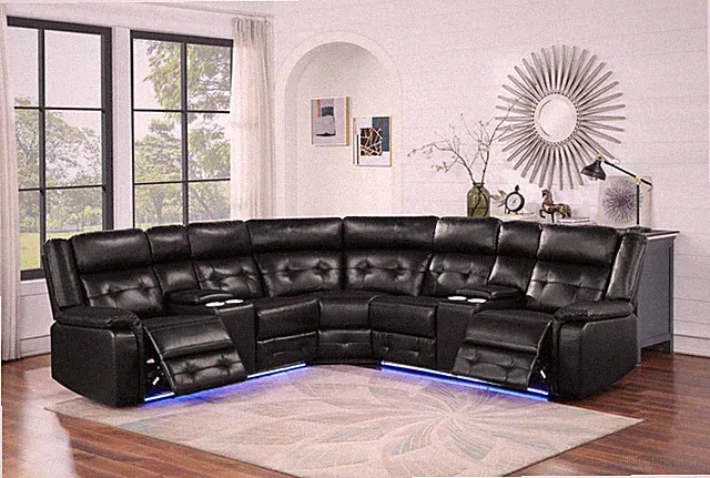 BLACK FAUX LEATHER RECLINING SOFA SECTIONAL CONSOLE LIVING ROOM FURNITURE