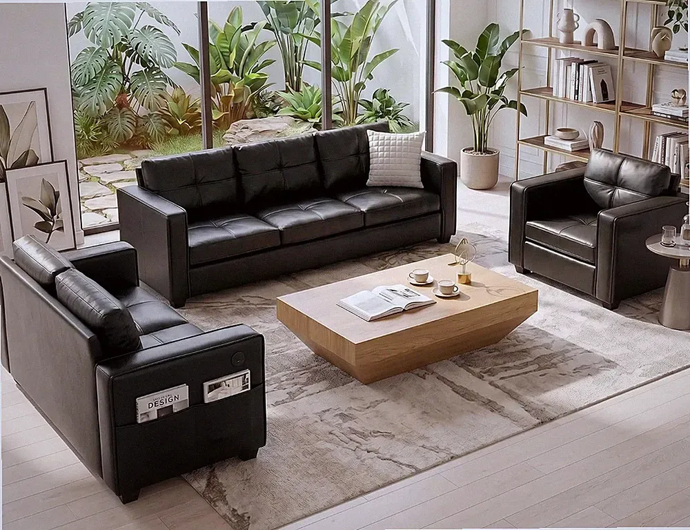 Black Faux Leather Sectional Couch, 3-Piece Sofa Set for Living Room