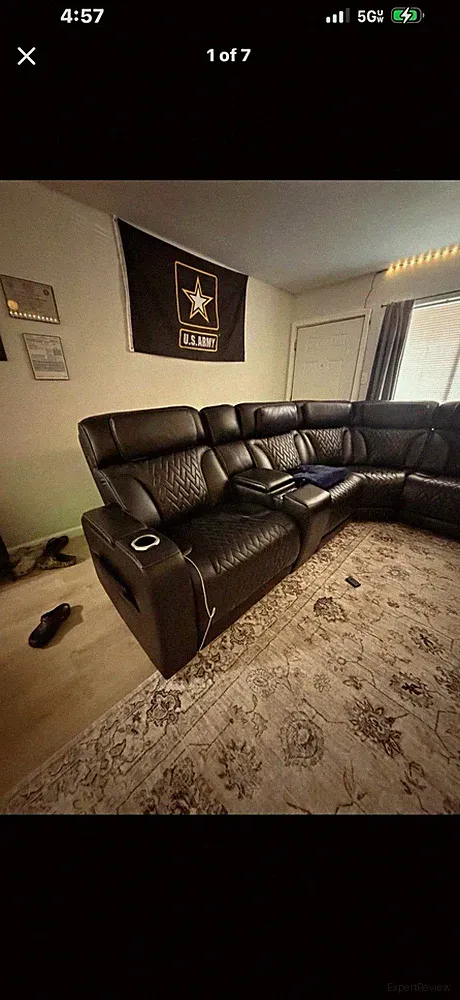 Black Faux Leather Sectional Sofa w/ Cup Holders, High Back, Pillow Top Arms