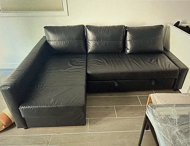Black Faux Leather Sectional Sofa w/ Storage Chaise, Wood Frame, Seats 3