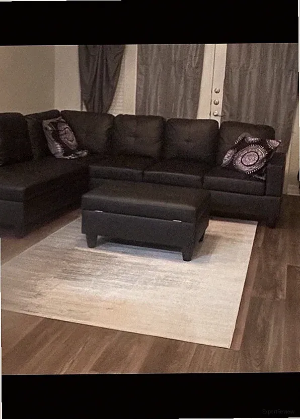 Black Faux Leather Sectional Sofa with Chaise & Ottoman Wood Frame Solid