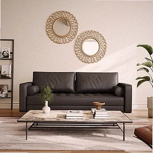 Black Faux Leather Sofa Pillows Solid Wood Legs Tufted Vegan Modern Couch 70 in