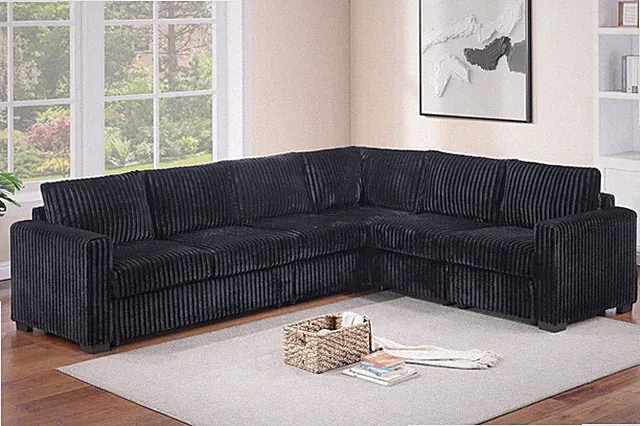 Black Finish L-Shaped Sectional Set 4pc One Arm Loveseat Armless Chair Corner We