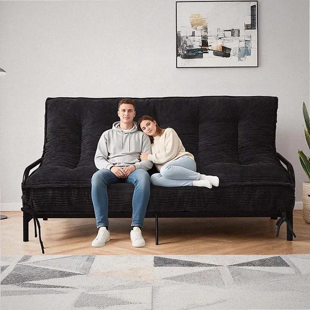 Black Full Size Futon Sofa Bed With Shredded Foam And Storage Straps