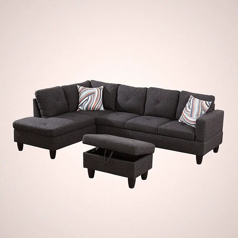 Black Grey Linen 2~3-Piece L-Shaped Sectional Sofa Set for Living Room
