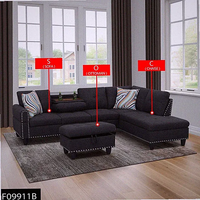 Black Grey Linen 3-Piece Sofa Living Room Sofa Set