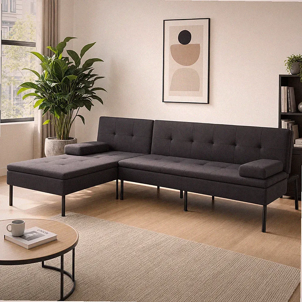 Black L-Shaped Convertible Sectional Futon Sofa Bed Tufted Metal Legs 900lbs