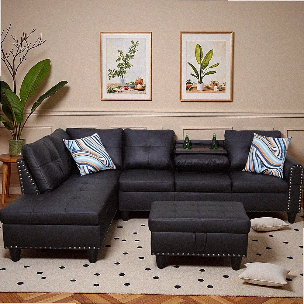 Black L-Shaped Sectional Couch with Storage Ottoman for Living Room or Office