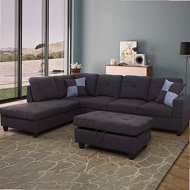 Black L-Shaped Sectional Sofa with Ottoman Modern Modular Couch for Living Room