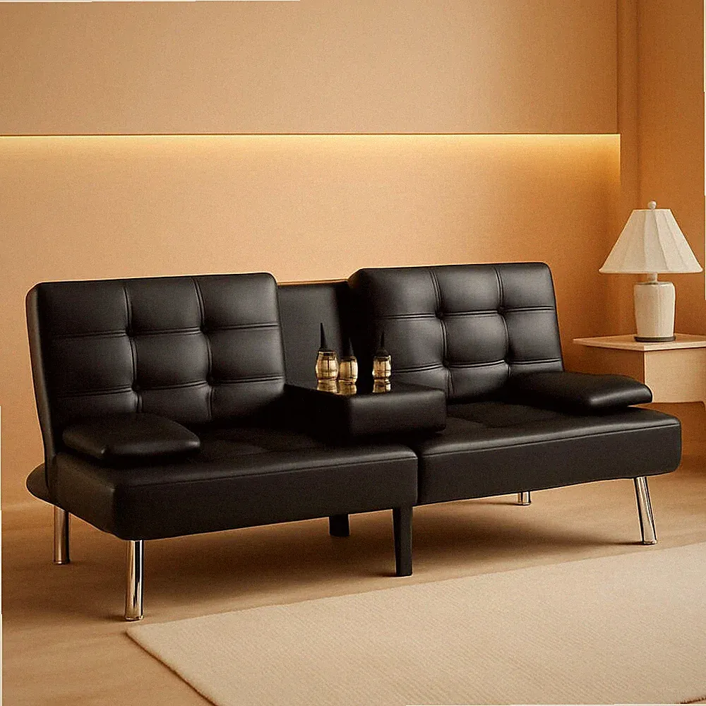 Black Leather Futon Sofa Bed With Adjustable Armrests And Cup Holders