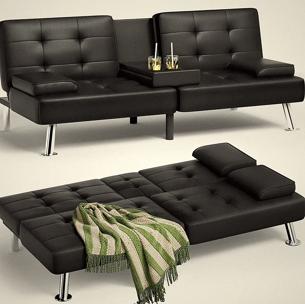 Black Leather Futon Sofa Bed with Removable Armrests & Cup Holders