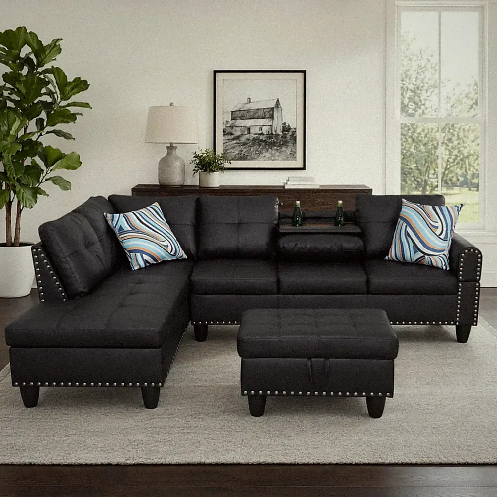 Black Leather L Shaped Couch with Chaise & Cup Holder, Sectional Sofas with Stor