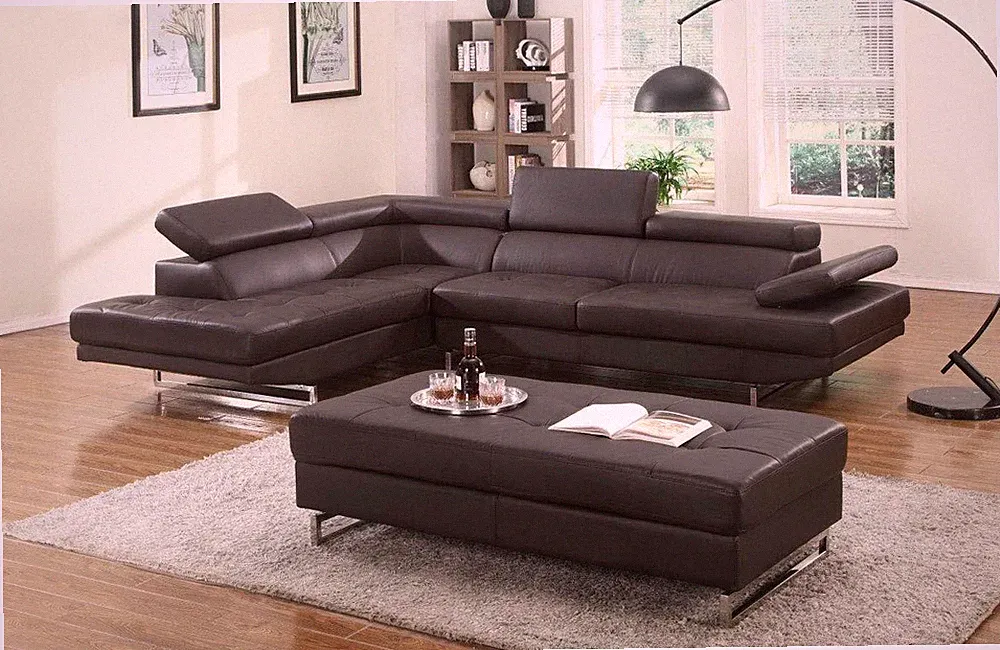 Black Leather L Shaped Two Piece Corner Sectional