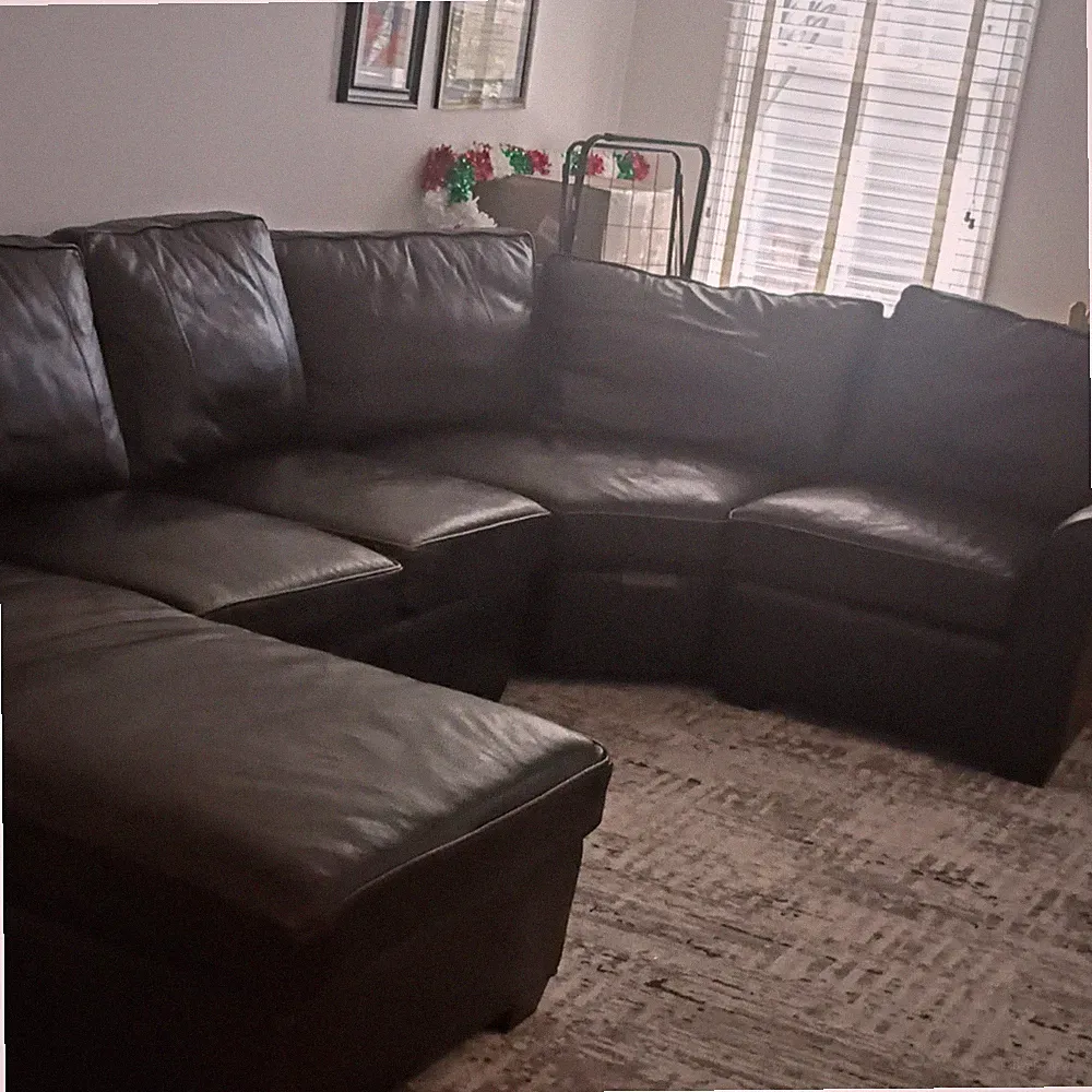Black Leather Sectional Sofa, 5-Seater, Solid Pattern for Living Room