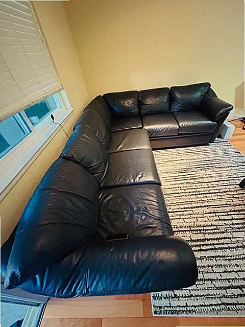 Black Leather Sectional Sofa and Armchair Set, Wood Frame, With Cushions
