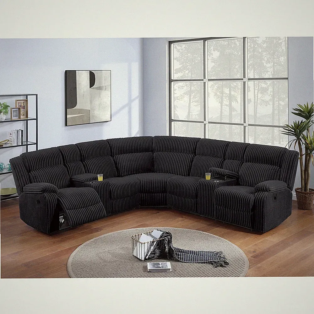 Black Manual Reclining L-Shaped Sectional Sofa with Cup Holders & Console