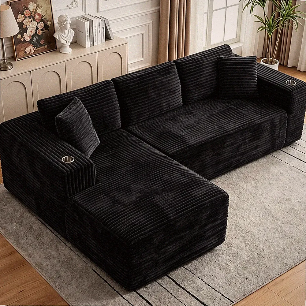 Black Modular Cloud Couch Sectional Sofa L-Shaped Memory Foam Corduroy 2 Cup