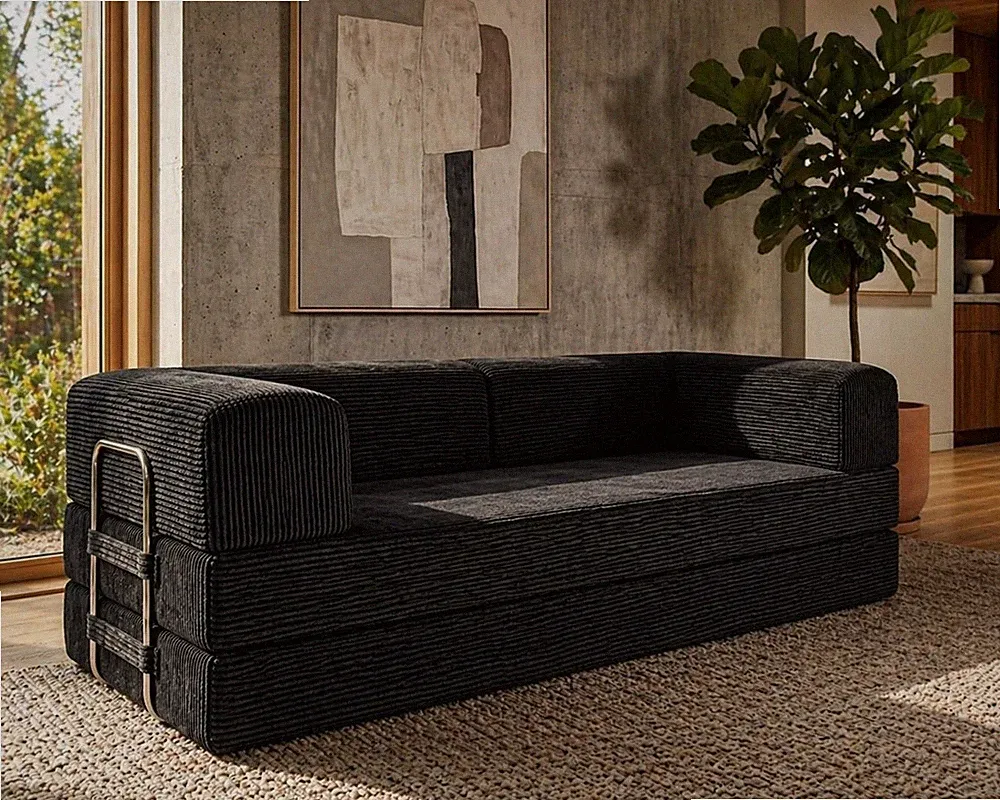 Black Modular Corduroy Sofa Bed - 82" 3-Seater with Washable Covers