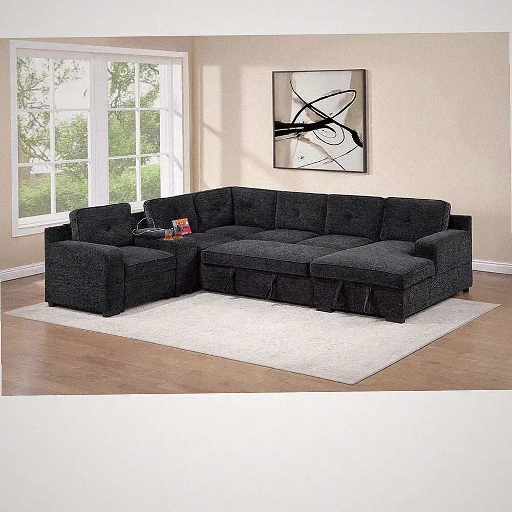 Black Modular Sectional Sofa, Right Chaise Storage, 4-Seat Fabric Wood