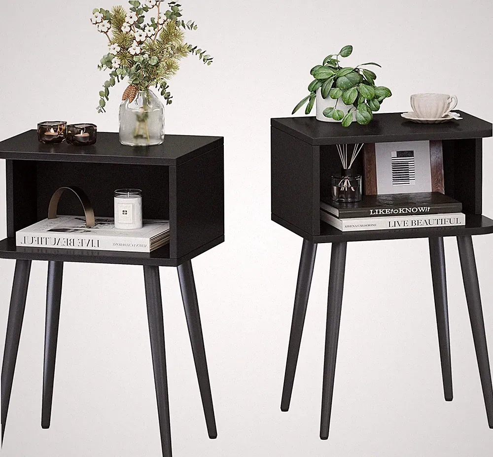Black Nightstand Set of 2, Small Bed Side Table for Small Spaces, Mid Century Mo