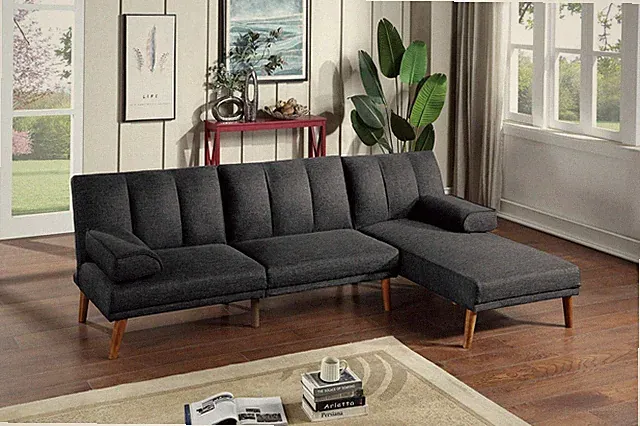Black Polyfiber 2pc Sectional Sofa Chaise Couch Solid Wood Legs