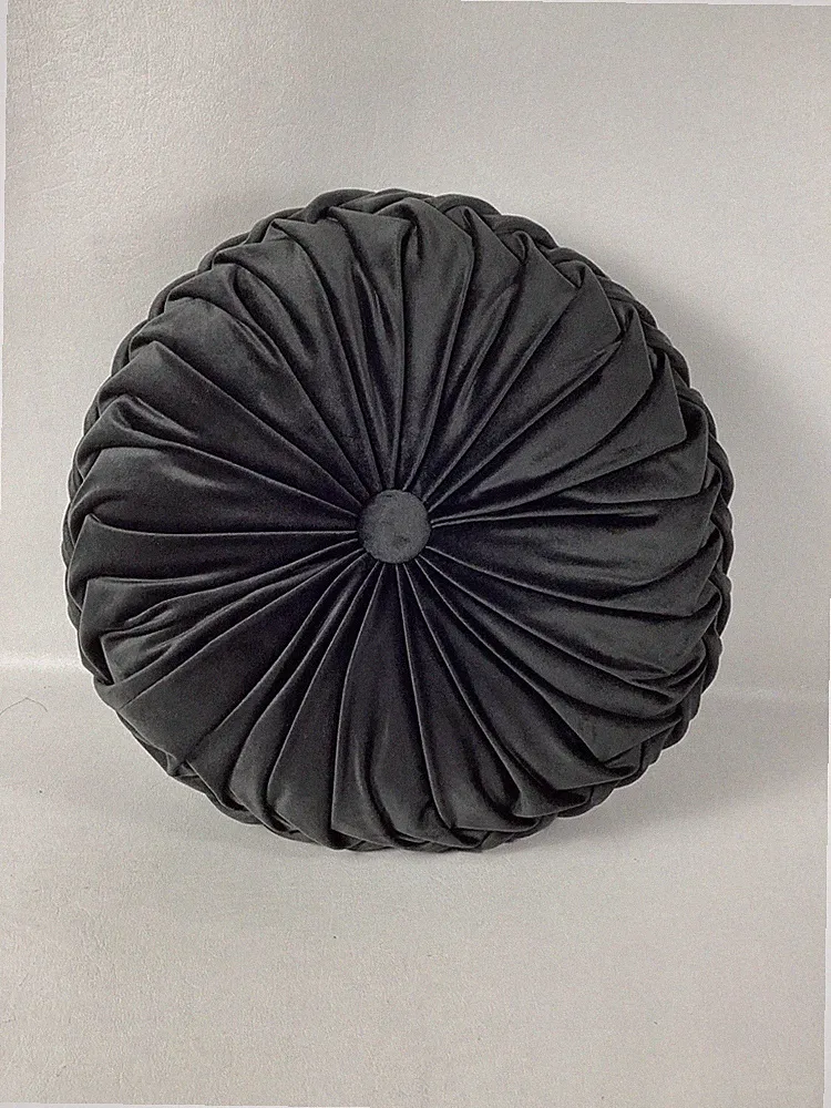 Black Round Velvet Pleated Throw Pillow Home Decor Pillow For Sofa, Bed 14” EUC