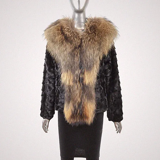 Black Section Mink Jacket with Raccoon Tuxedo- Size S-M