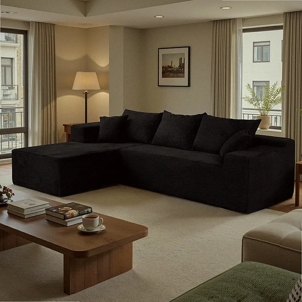 Black Sectional Couches for Living Room, Boneless Couch with L-Shape Chaise, Mod