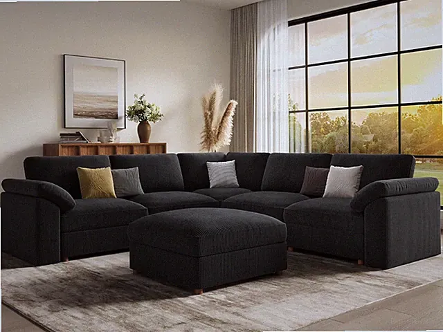 Black Sectional Modular Sofa,Oversized V Shape Sectional Couch