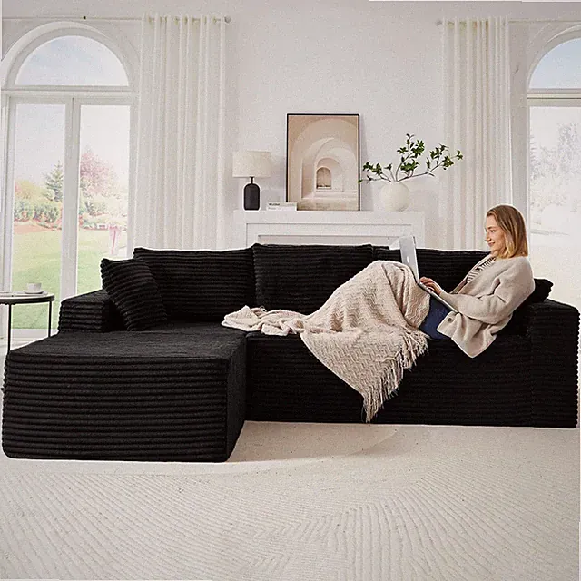 Black Sectional Sofa L-Chaise Deep Corduroy Memory Foam Box No Assembly