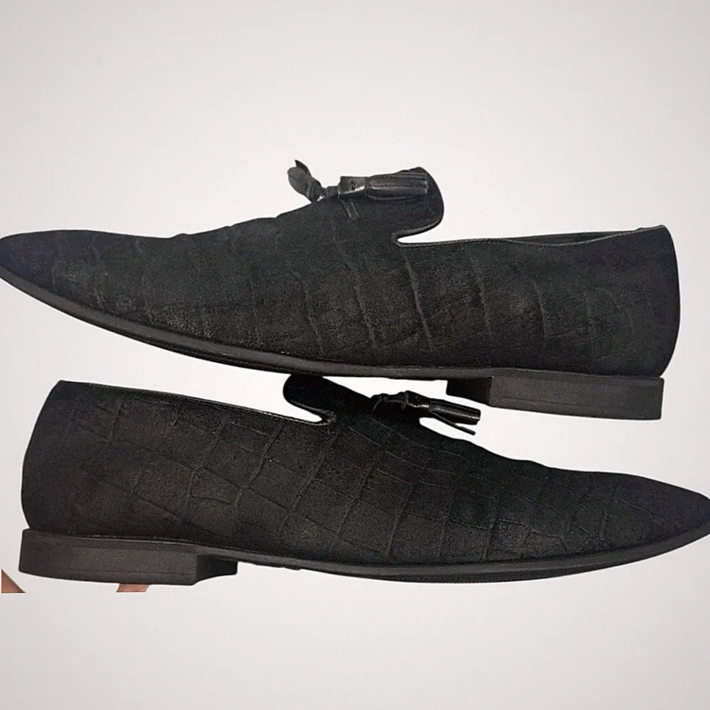 Black Suede Croc Embossed Tassel Loafers Shoes Size 11 M Brazil