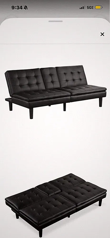 Black Tufted Faux Leather Convertible Futon Sofa Bed w/ Cup Holders 71.5"