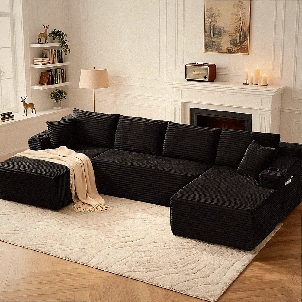 Black U Shape 133.5" Boneless Sectional Sofa Couch with Cup Holder for Living