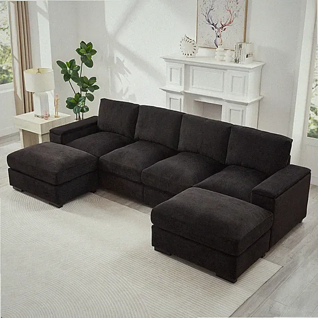 Black U Shaped Sectional Sofa 4 Seat w/ Ottomans Storage Deep Couch