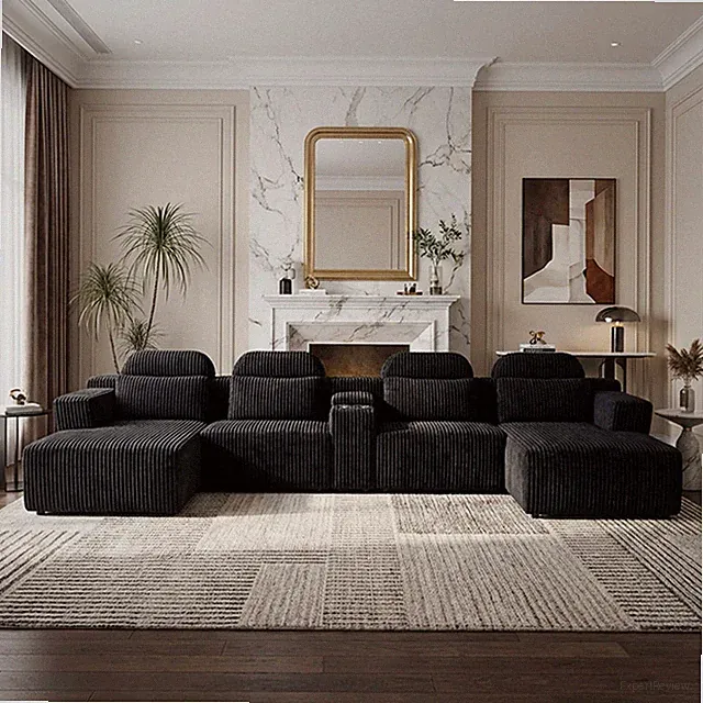 Black Velvet L-Shaped Sectional Sofa 4-Piece Set with Chaise & Cup Holders