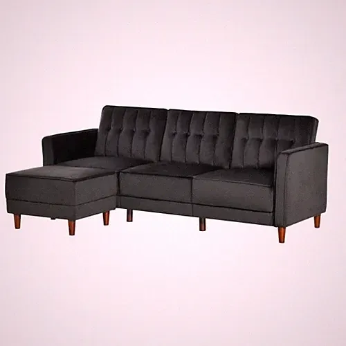 Black Velvet L Shaped Sectional Sofa Sleeper Reversible Modern Mid Century Couch