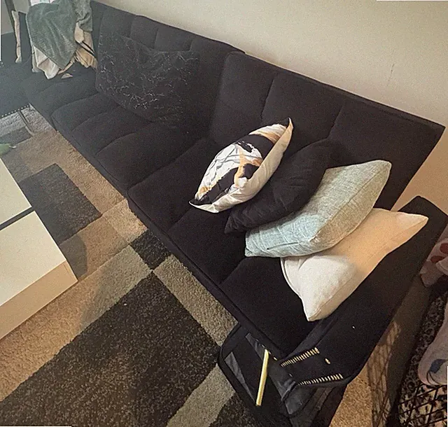 Black Velvet Sectional Sofa w/ Chaise & Cushions