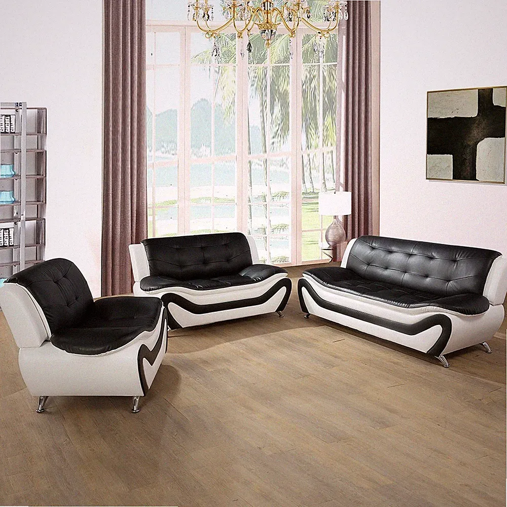 Black & White Faux leather 3-Piece Couch Living Room Sofa Set